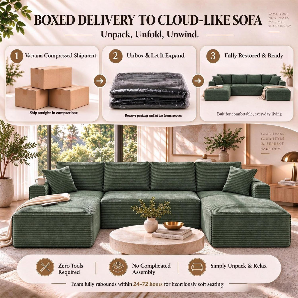 134" Boneless Couch, U-Shaped Modular Sectional Sofa, Green