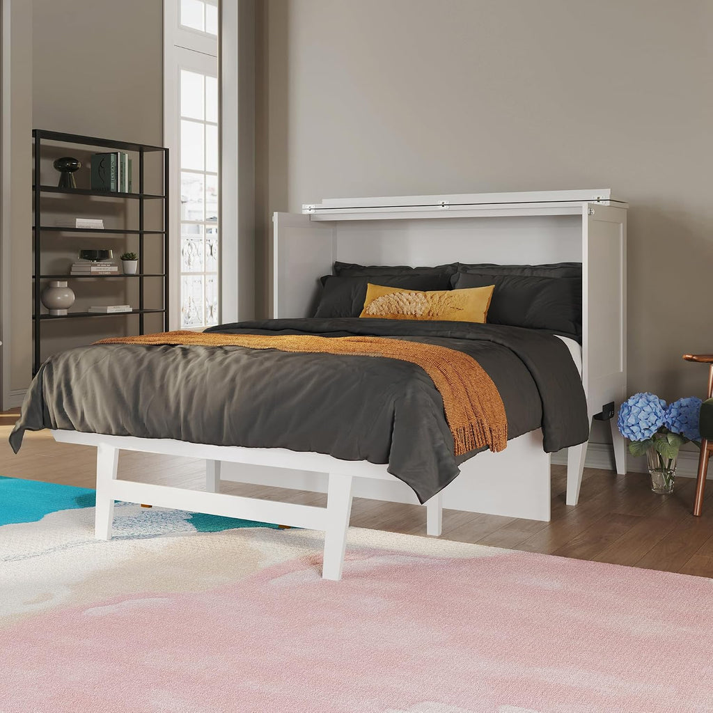 Full Murphy Bed Desk with Memory Foam 6" Mattress and Built-in USB Charger, White