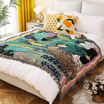 Double-Sided Cotton Woven Throw Blanket with Tassel Jungle Bohemian Style Tapestry Shawl Multi-Function Decorative