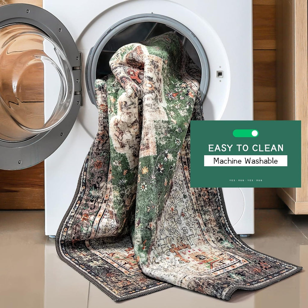 2x8 Runner Rug Green Boho Area Rugs for Hallway Indoor Laundry Room Bathroom Lightweight Non Slip Vi