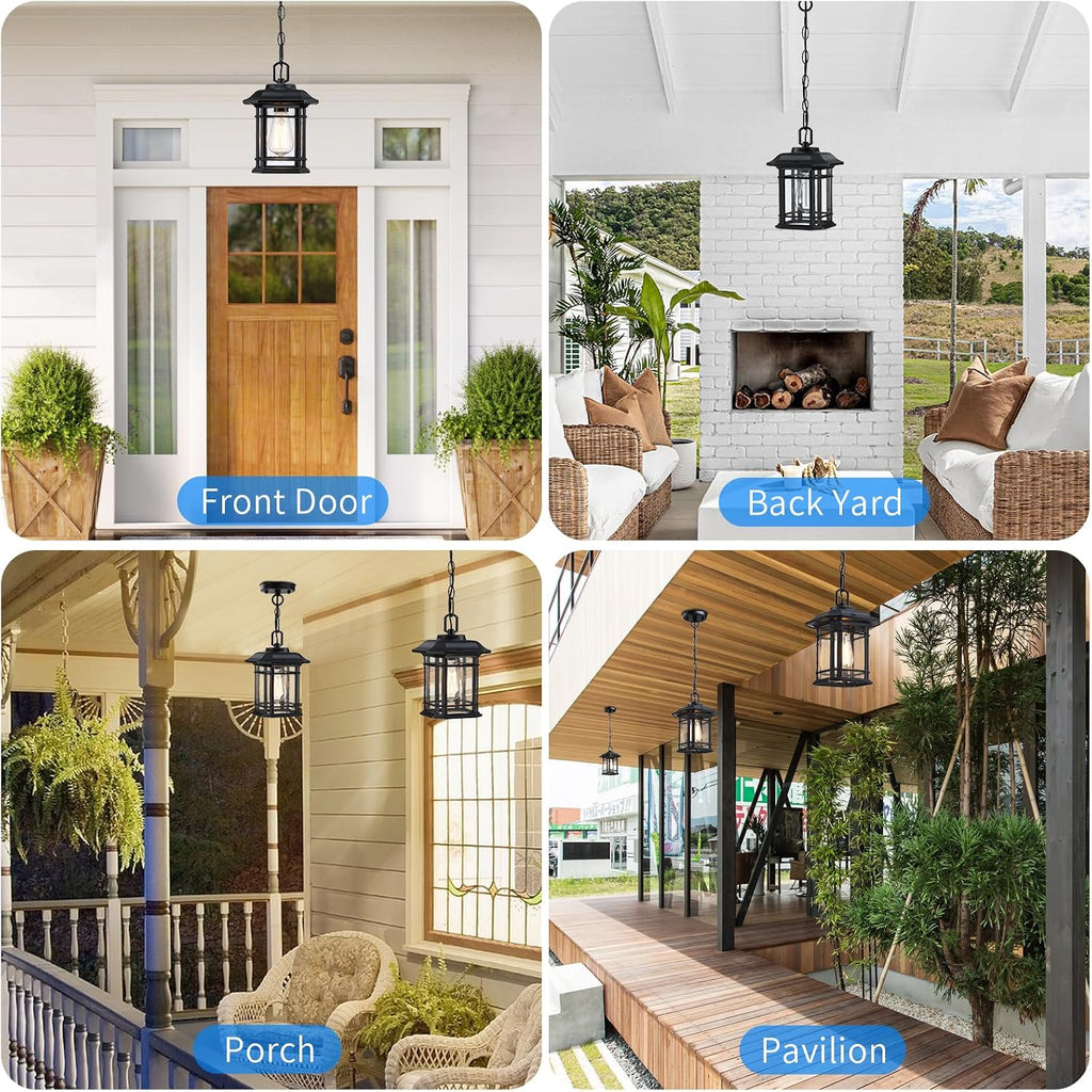 Outdoor Pendant Lights for Porch, Black Exterior Hanging Lanterns, Farmhouse Ceiling Light Fixture