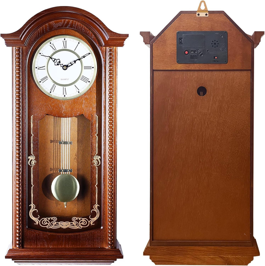 Grandfather Vintage Wall Clock with Pendulum and Chime, Hour/Quarter-Hour Chime, Elmwood Frame, Large Vintage Wall Clock for Living...