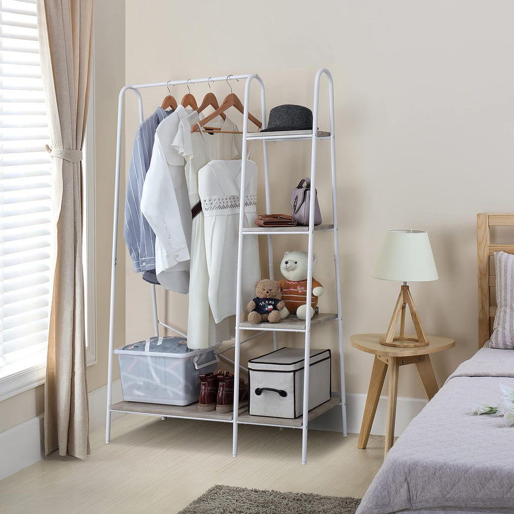 Metal Clothes Closet Rack, Clothing Rack for Hanging Clothes White Heavy Duty Garment Rack with 5 Wood Shelves