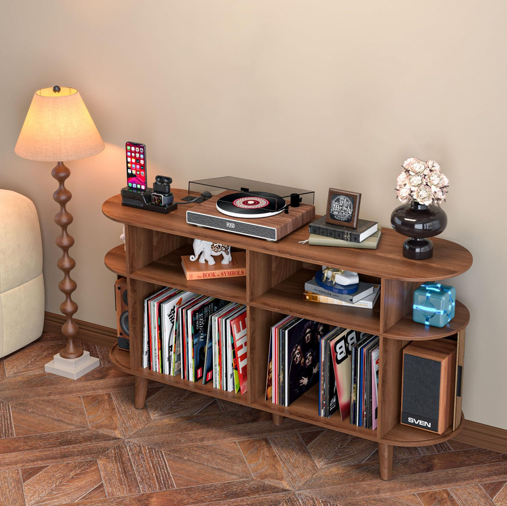 Large Round Record Player Stand with Charging Station & USB Ports