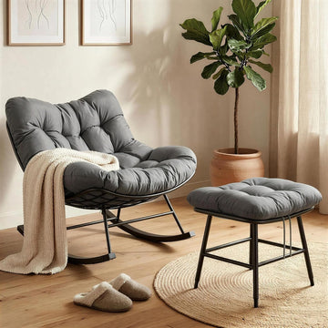 Oversized Rocking Papasan Chair with Ottoman and Cushion | Indoor Glider Chair with Thickened Cushion, Large Comfy