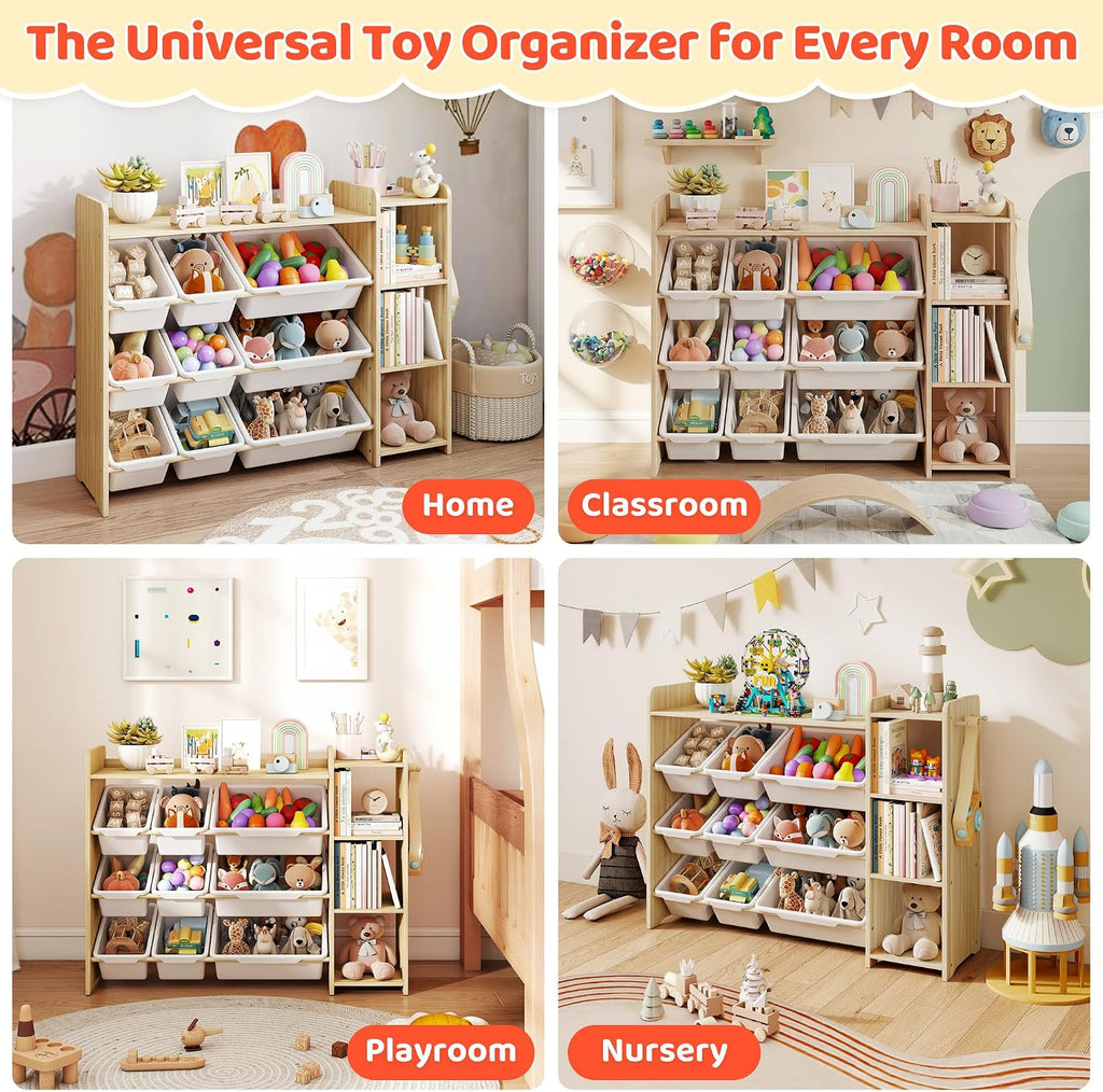 Toy Storage Organizer with Bookshelf, Kids Toy Storage and Organizers with 3 Shelves/9 Bins/3 Hooks, Bin Shelf, Toy