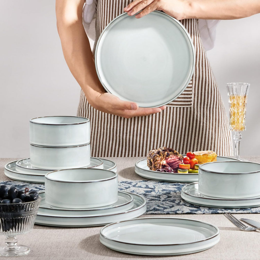 12 Pieces Stoneware Dinnerware Set for 4, Ceramic Dinner Dishware SetsPlates and Bowls with Rustic Terracotta Bottom
