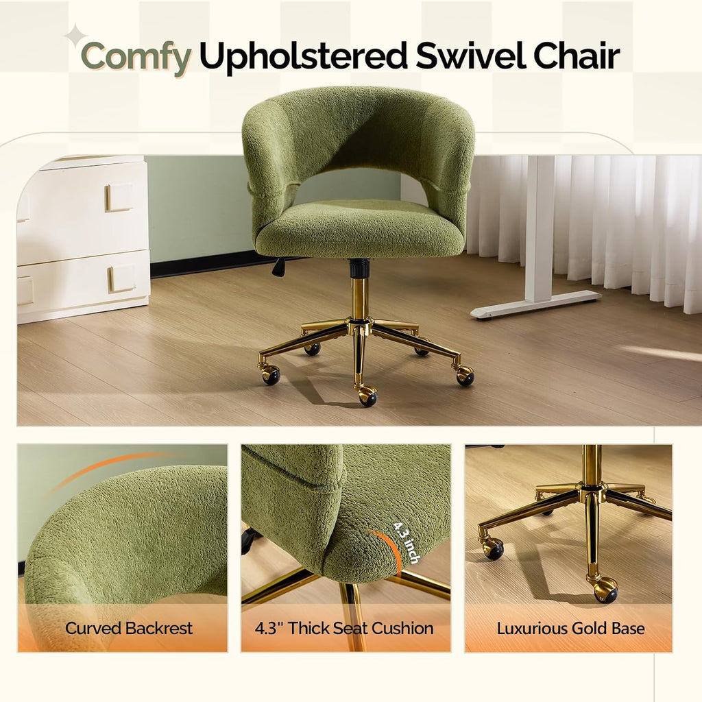 Modern Curved Office & Vanity Desk Chair, Cute Upholstered Nail Chair with Wheels & 360° Swivel & Club & Tilting & Gold Base, for Bedroom, Living Room, Makeup, Velvet Chenille, Green
