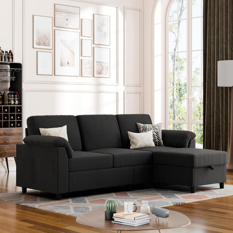Convertible Sectional Couches, 3 Seat L Shaped Couch Sofa with Removable Pillows Soft Corduroy Fabric Small Couch Mid