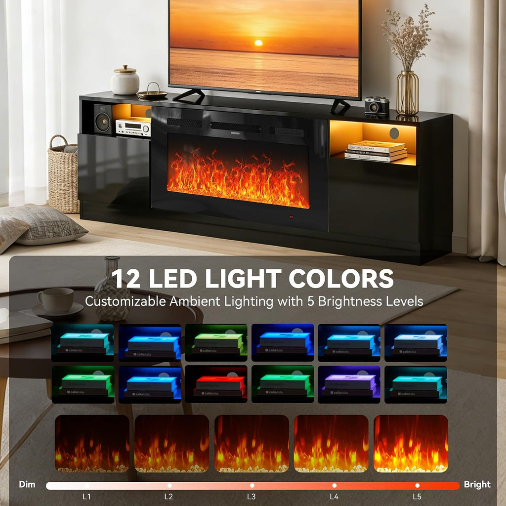 70" Fireplace TV Stand with 36" Electric Fireplace, LED Light Entertainment Center for TVs Up to 80", High-Gloss