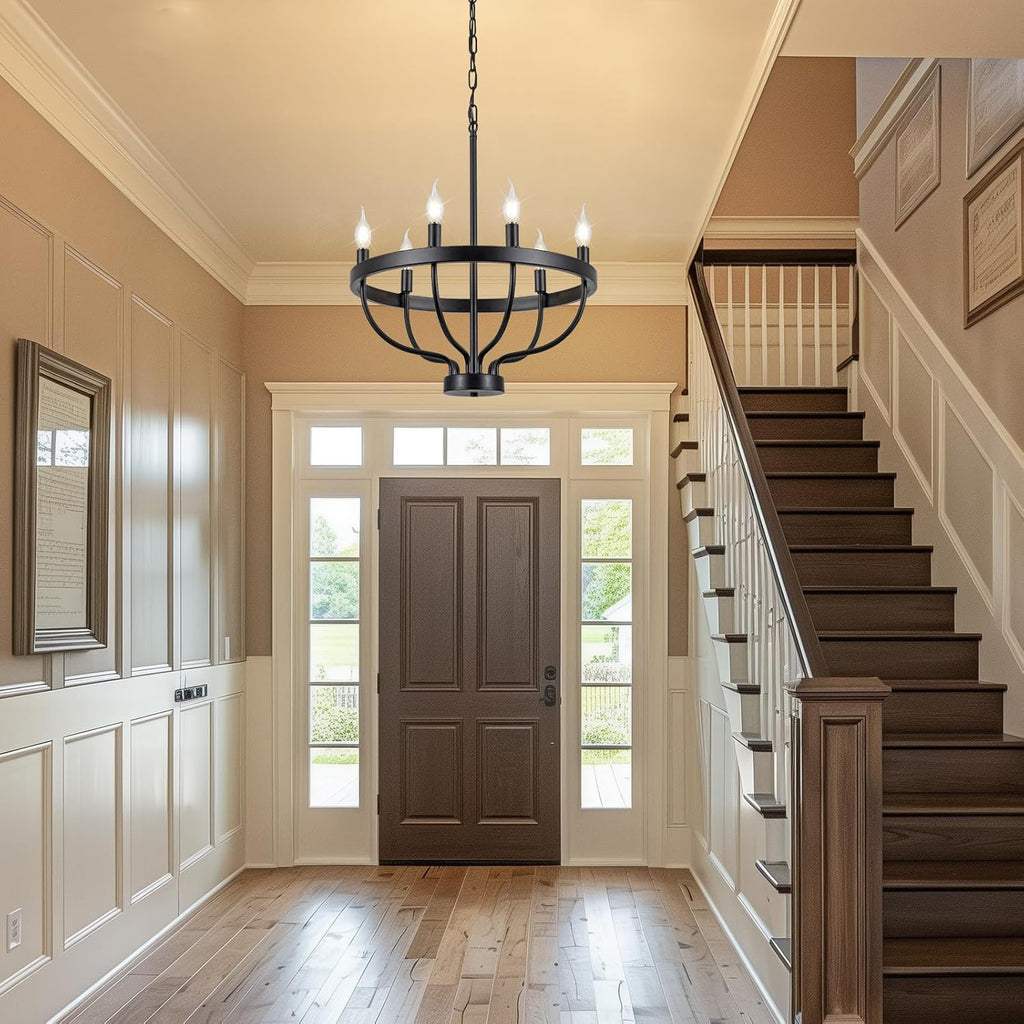 Black Dining Room Light Fixture, 6-Light Black Chandeliers for Dining Room Farmhouse Wagon Wheel Chandeliers, Adjustable Height Round Chandelier for Bedroom Kitchen Living Room Entryway Foyer 19.6in
