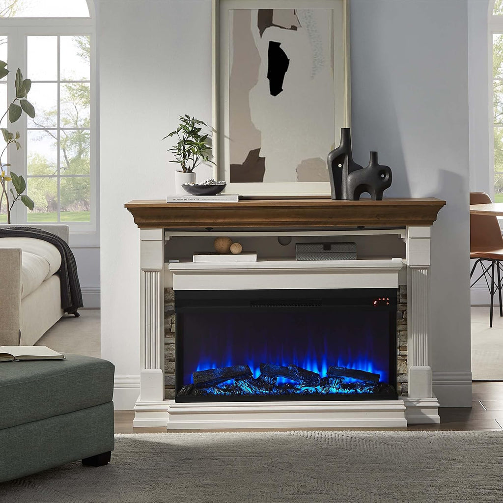 52 Inch Electric Fireplace with Mantel, Fireplace TV Stand with 36" 3-Sided Glass Electric Fireplace Heater for Living Room (Antique White)