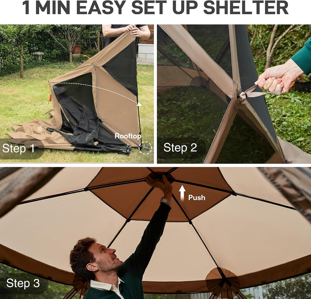 Pop up Screen House Tent 11.5 x 9.8 ft, Instant Screened Gazebo Canopy with Netting, Portable Shelter Enclosure Khaki