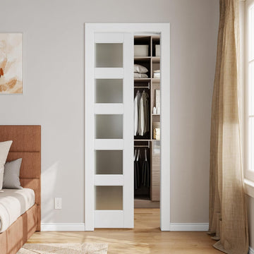 Sliding Pocket Door 24" x 80", 5-Panel Frosted Glass Panel with Soft Close Pocket Door Frame Kit, In