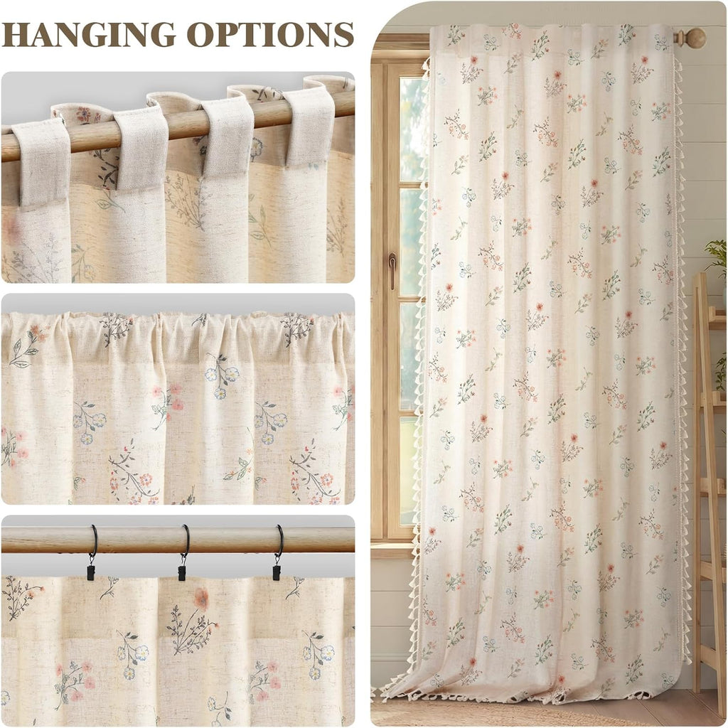 Boho Floral Spring Semi Sheer Curtains 2 Panels Set, Linen Texture Farmhouse Light Filtering Curtains