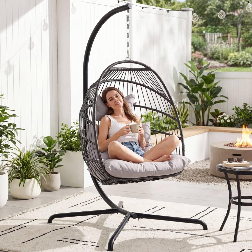Outdoor Egg Chair with Stand, Wicker , Light Grey | 350 lbs Heavy Duty, Wicker Rattan Hanging Hammock Chair, Single