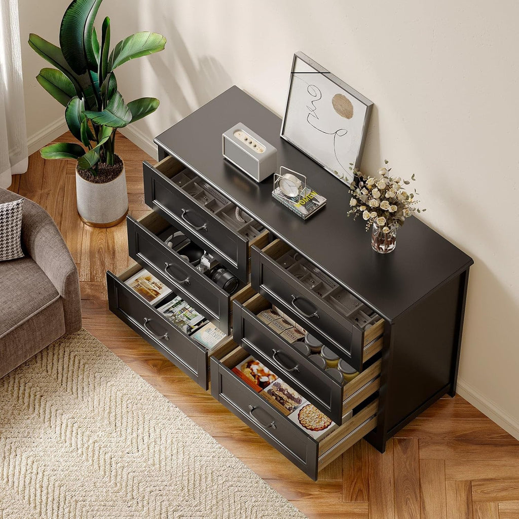 6 Drawer Dresser ,47'' Larger Chest of Drawers with Mental Handle for Kids Room, Black Dresser with 6 Storage Drawers