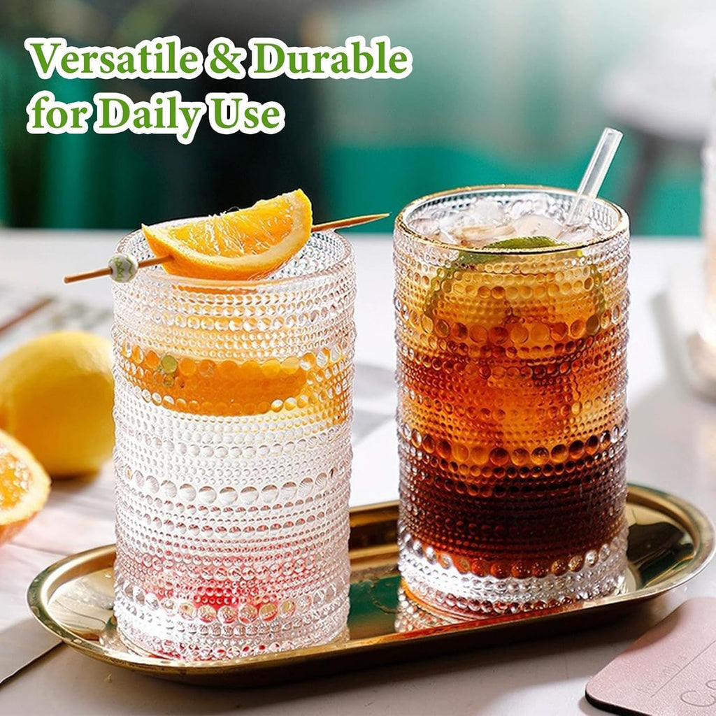 Vintage Hobnail Drinking Glasses Set of 8, 12 oz Highball Glasses & 10 oz Cocktail Glasses Set, Kitchen Water Glasses