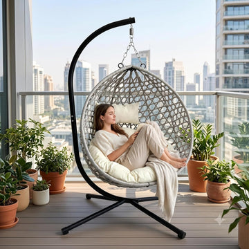 Outdoor Hanging Egg Chair with Stand Patio Egg Swing Chair Rattan Wicker Hammock with Stand for Outside/Indoor, Heavy