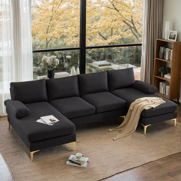 110" Modern Sectional Couch with 51" D Double Chaise, Black Deep Seat U Shaped Couch with Removable Pillows & Metal