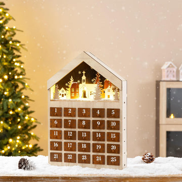 15.75"H Christmas Lighted Wooden Village Advent Calendar,Christmas Countdown Calendar with Drawers,Winter Village