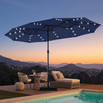 15ft Large Patio Umbrella with Base & Solar Lights,Rectangle,Navy | Outdoor Double-Sided Rectangular Umbrella with