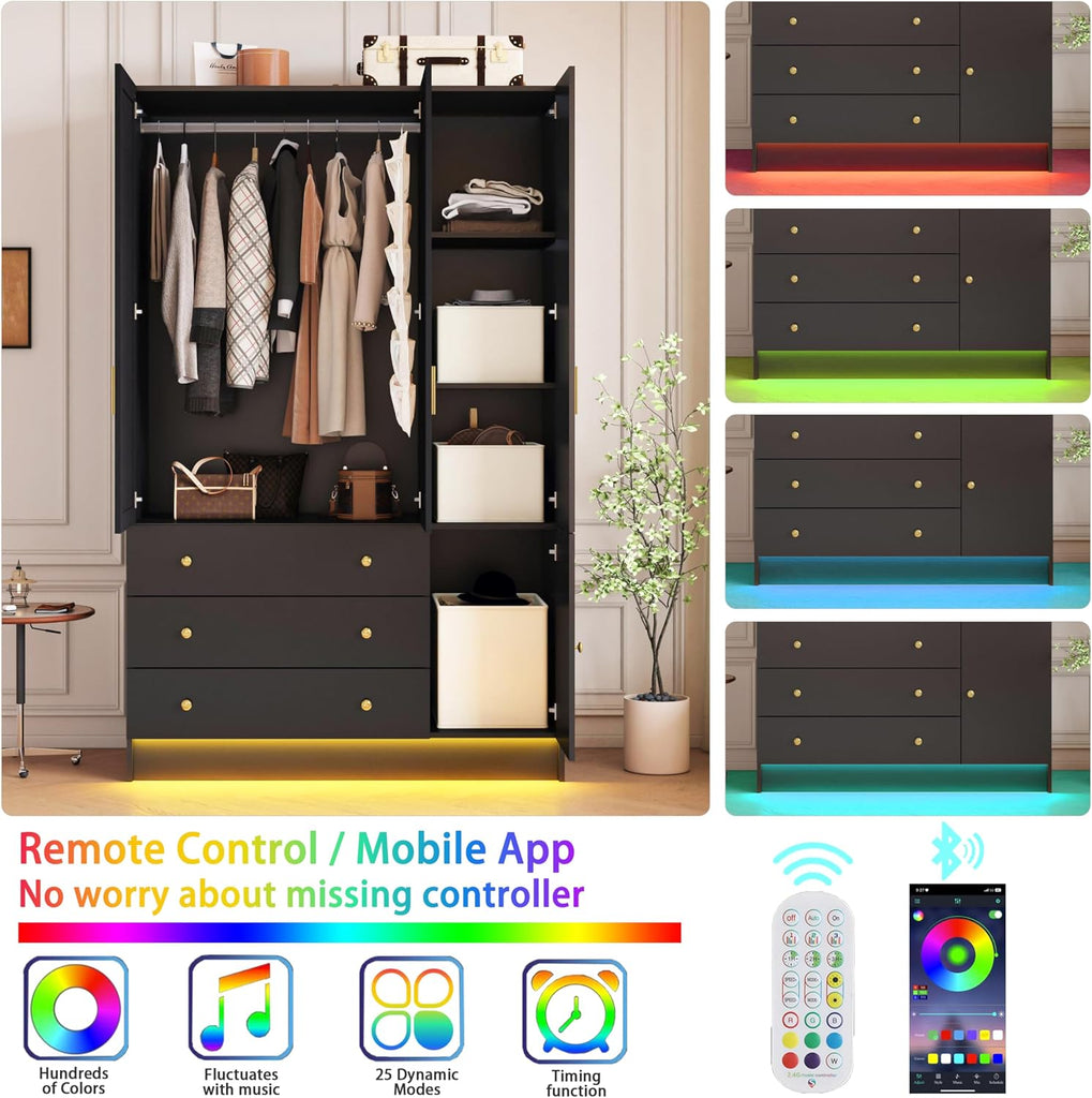 75" Tall Wardrobe Closet with 3 Doors & 3 Drawers, Modern Armoire with Mirror & LED Lights, Wooden Armoire Wardrobe