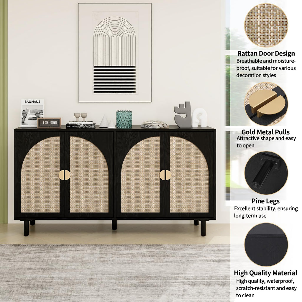 Sideboard Buffet Cabinet with Storage - Rattan 4 Door Cabinet, Accent Storage Cabinet with Cane Door, Boho Wood