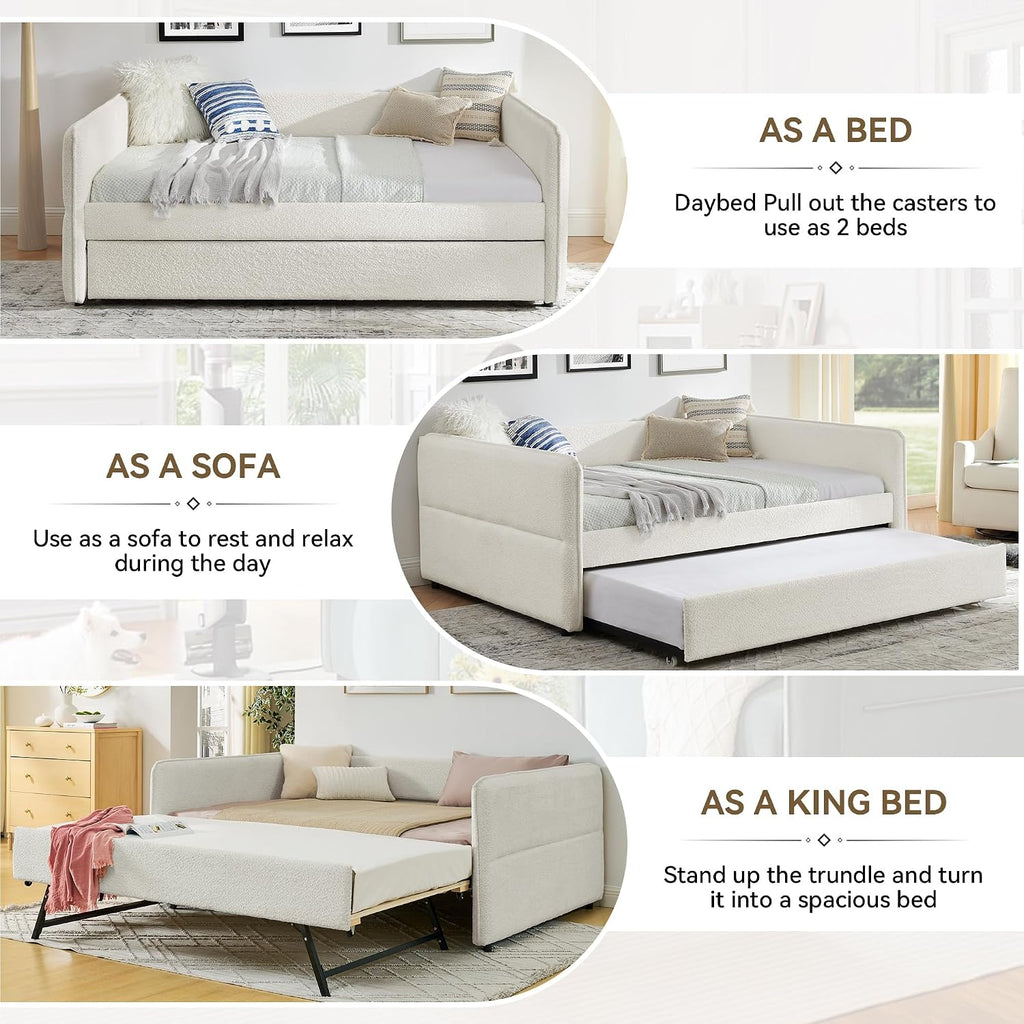 Full Daybed with Pop Up Trundle, Boucle Upholstered Daybed with Trundle, Full to King Expandable Day Bed with Wood