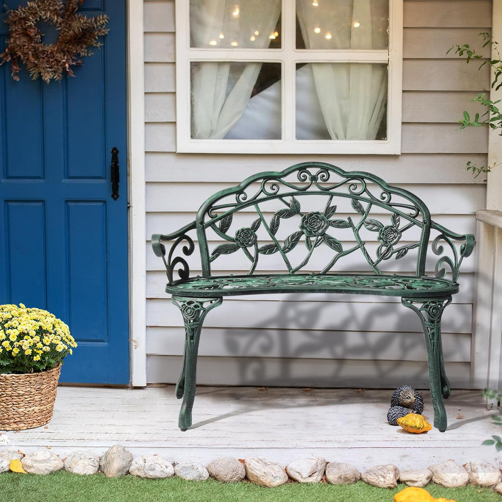 38.5" Patio Park Garden Outdoor Metal Rose Bench, 2-Person Cast Iron Cast Aluminium Frame Antique Finish