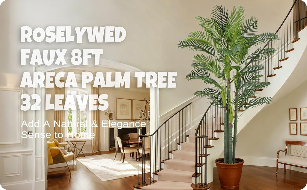 Artificial Areca Palm Tree 8FT with 32 Leaves Realistic Tall Large Fake Faux Tropical Silk Plant 96 Inch Black Pot