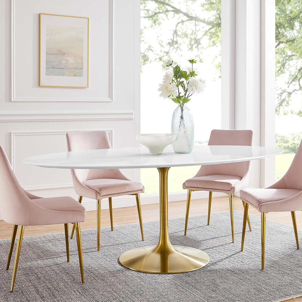 Inspired Saarinen Style Tulip Oval Pedestal Dining Table — Gold Base / White Top, 78″ Oval