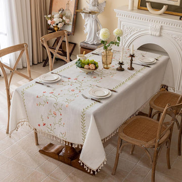 Linen Spring Flowers Tablecloth with Tassels, Rustic Farmhouse Embroidery Waterproof Table Cloths fo