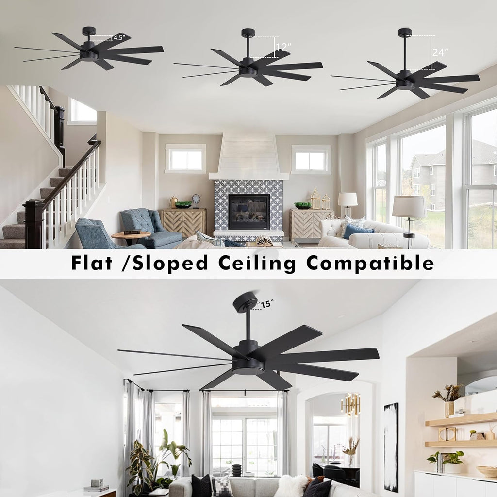 72" Large DC Ceiling Fans without Lights, 3 Downrods, 8 Plywood Blades, 6-Speeds Reversible DC Motor