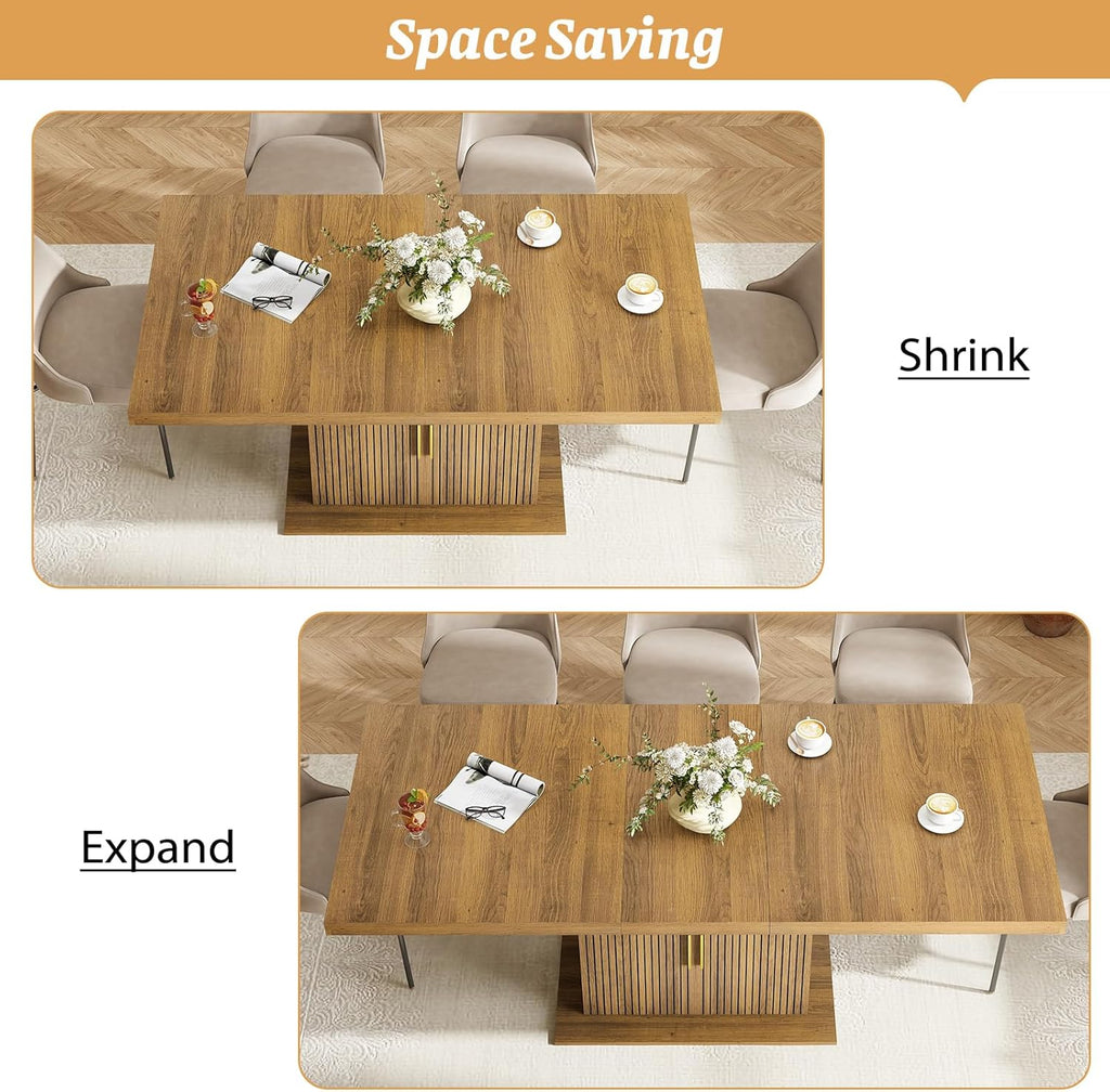62.99"-78.74" Expandable Dining Table with Storage, Extendable Dining Table for 6-10 People, Extra Hidden Storage for Tableware & Wine, Modern Farmhouse Table for Kitchen Living Room-Brown