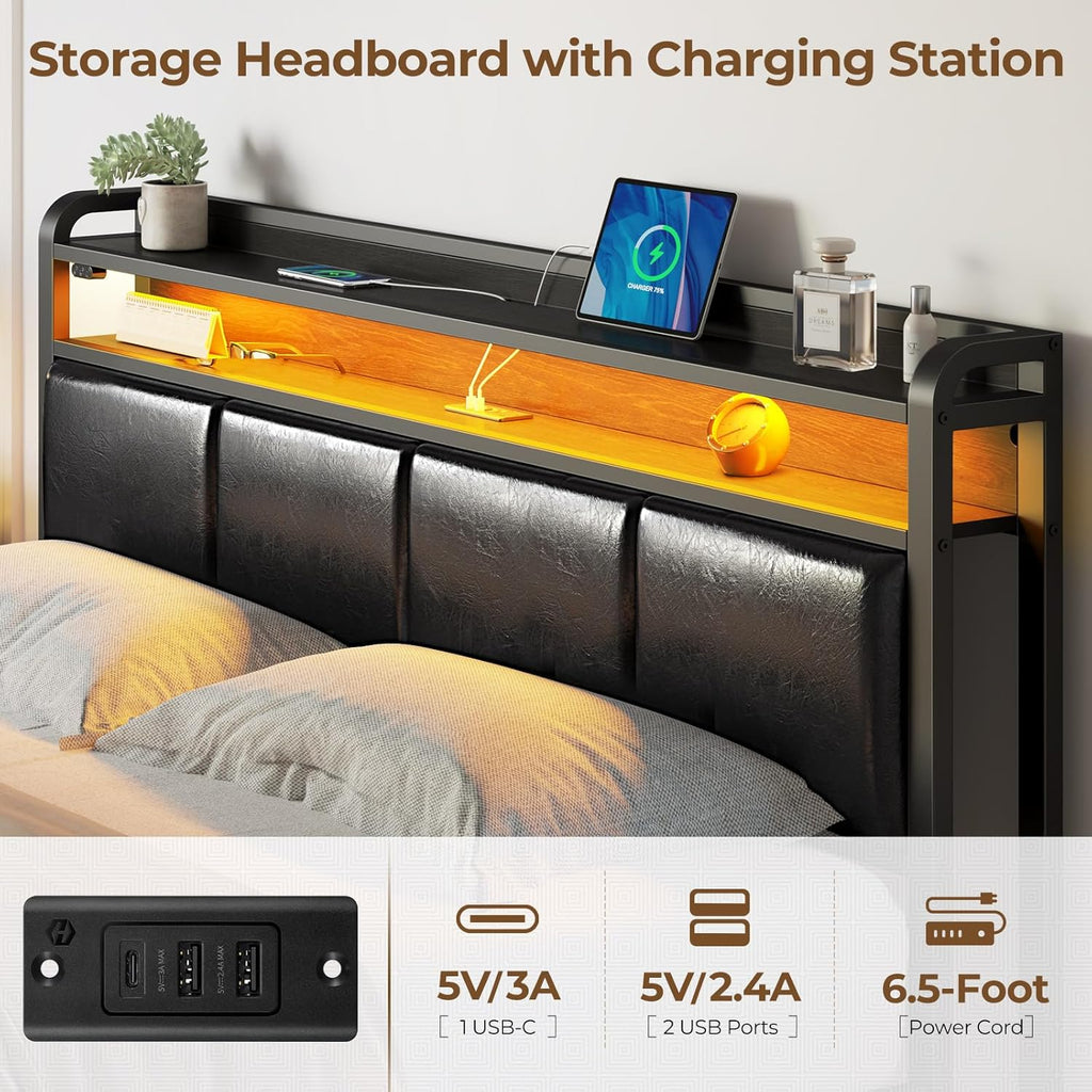 Bed Frame Full with Charging Station and LED Lights, PU Leather Headboard with Storage Shelves, Heavy Duty Metal Slats