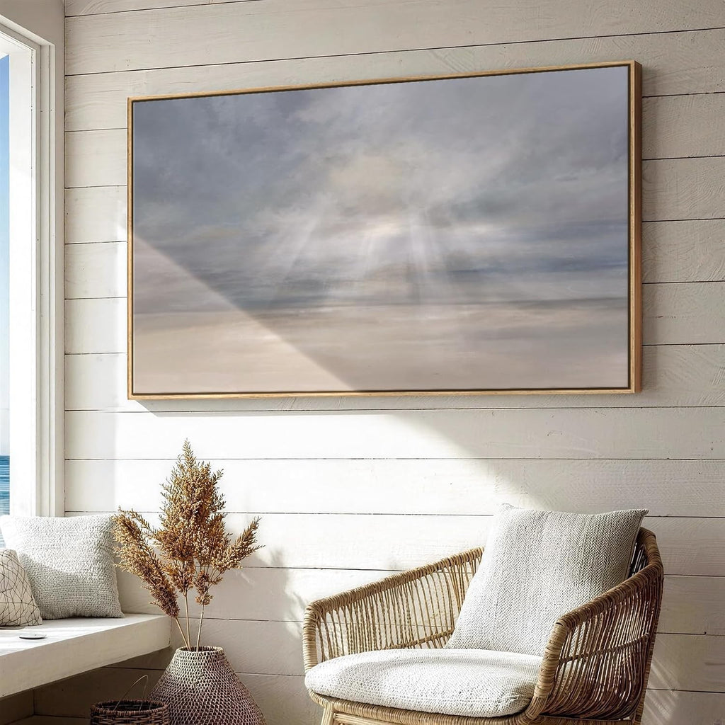 Large Framed Abstract Beach Landscape Wall Art, Horizontal Minimalist Coastal Seascape Canvas Artwork for Walls