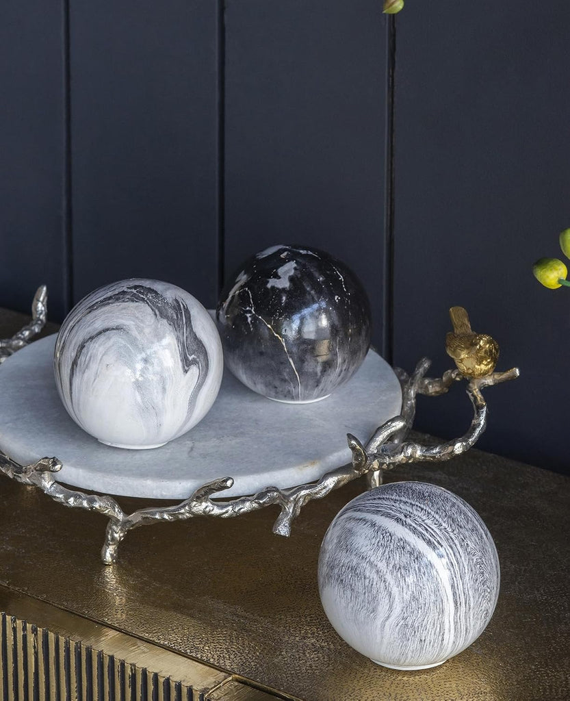 Set of 6 Ceramic Decorative Spheres - Handcrafted Marbleized Orbs, Mixed Gray Tones, Decor, Tabletop Accent, Shelf