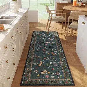 Runner Rug 2'7"x8' Washable Non Slip Floral Cat, Pearl Gentian Blue