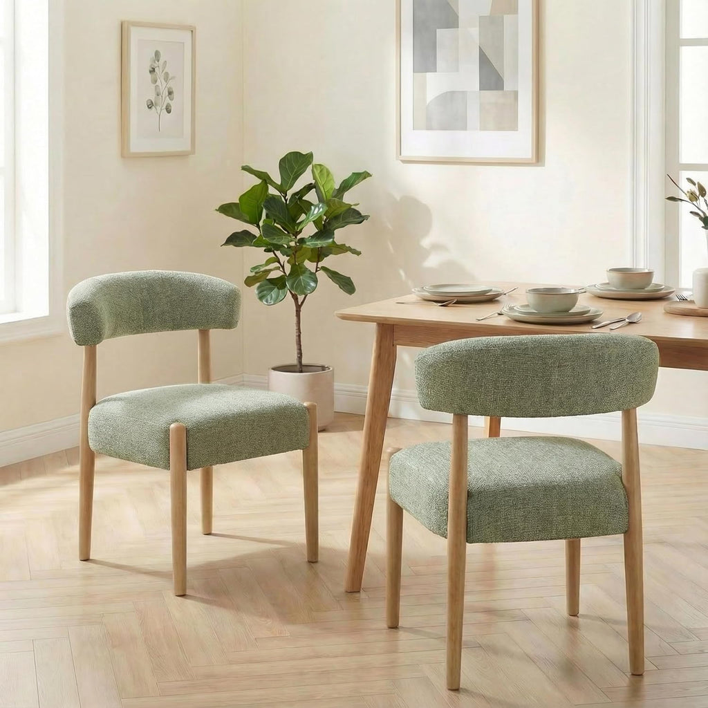Wooden Dining Chairs Set of 2, Modern Upholstered Dining Room Chairs with Rubberwood Legs and Curved Backrest, Fabric