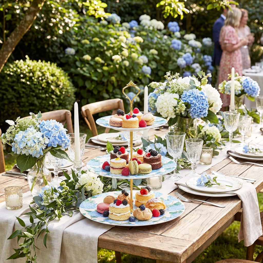 3 Tier Blue Hydrangea Cake Stand 10", 9" and 7" Ceramic Serving Tray Dessert Cupcake Display Holder Tower for Wedding