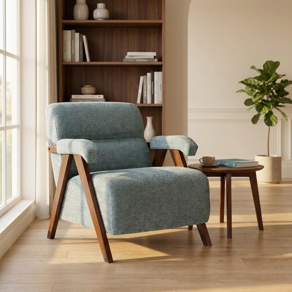 Mid Century Modern Accent Chair, Upholstered Comfy Armchair with Thick Cushion & Solid Wood Frame, Tufted Reading