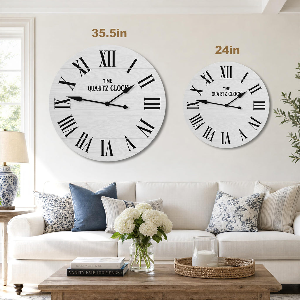 35.5" Extra Large Farmhouse Wall Clock, Solid Wood Veneer, White