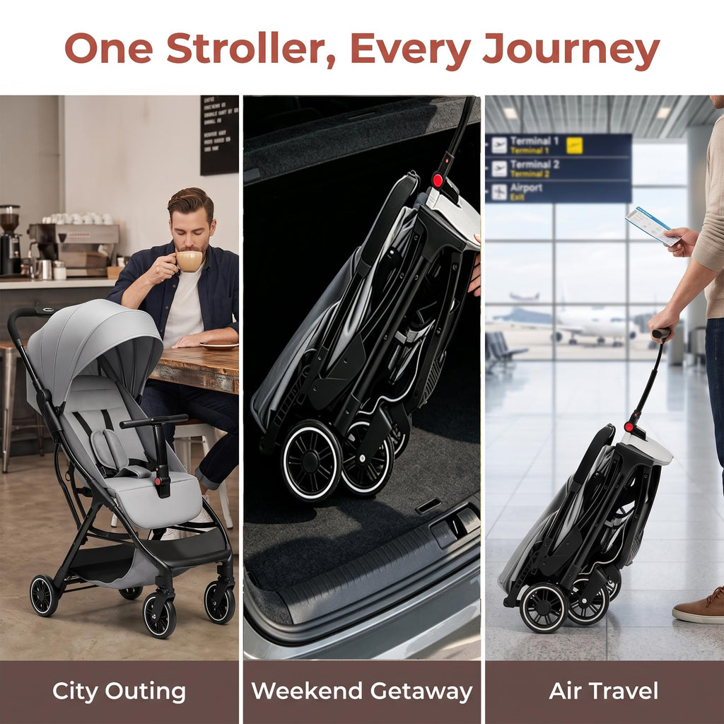 Compact Travel Stroller, Premium Grey Foldable Baby Stroller
