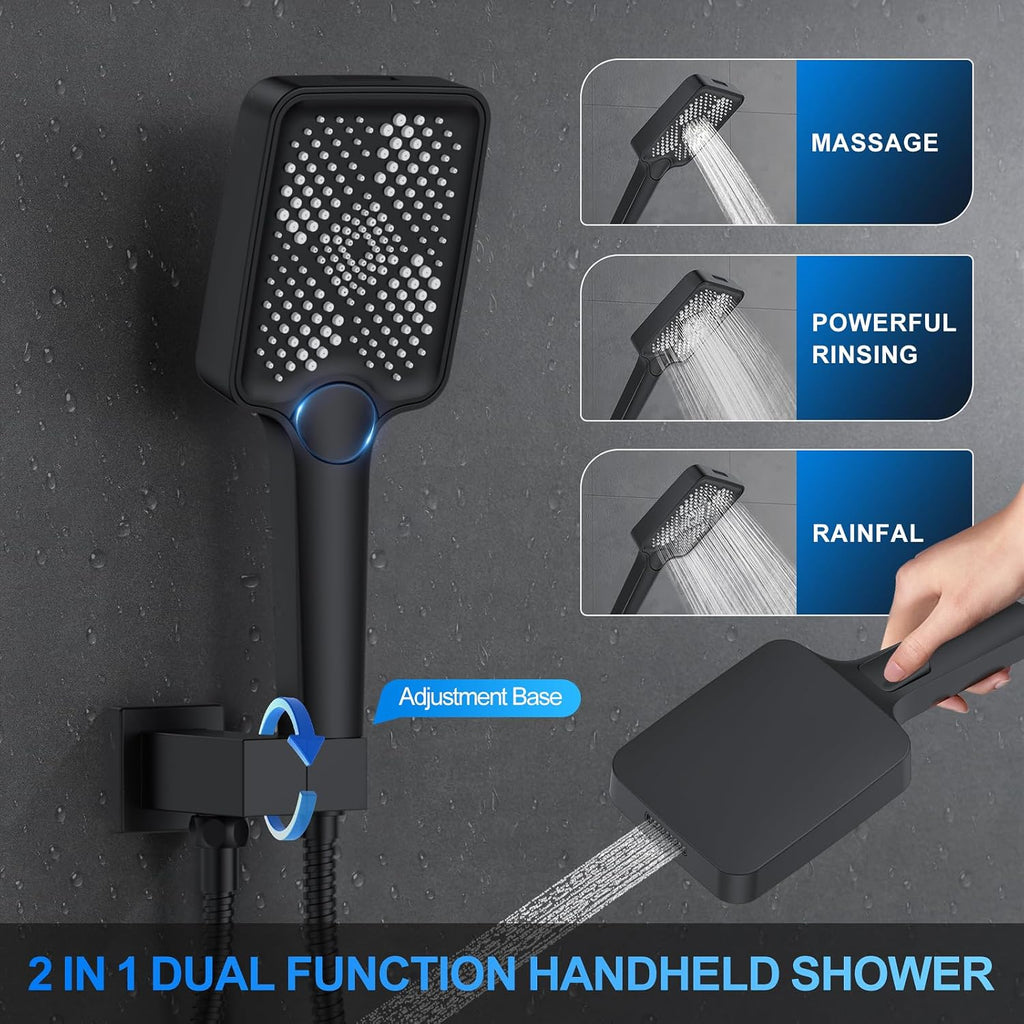 Shower Faucet Set, 12" Ceiling Mount Rainfall Shower System with 12'' Top Head+6'' Side Head and Multi-function