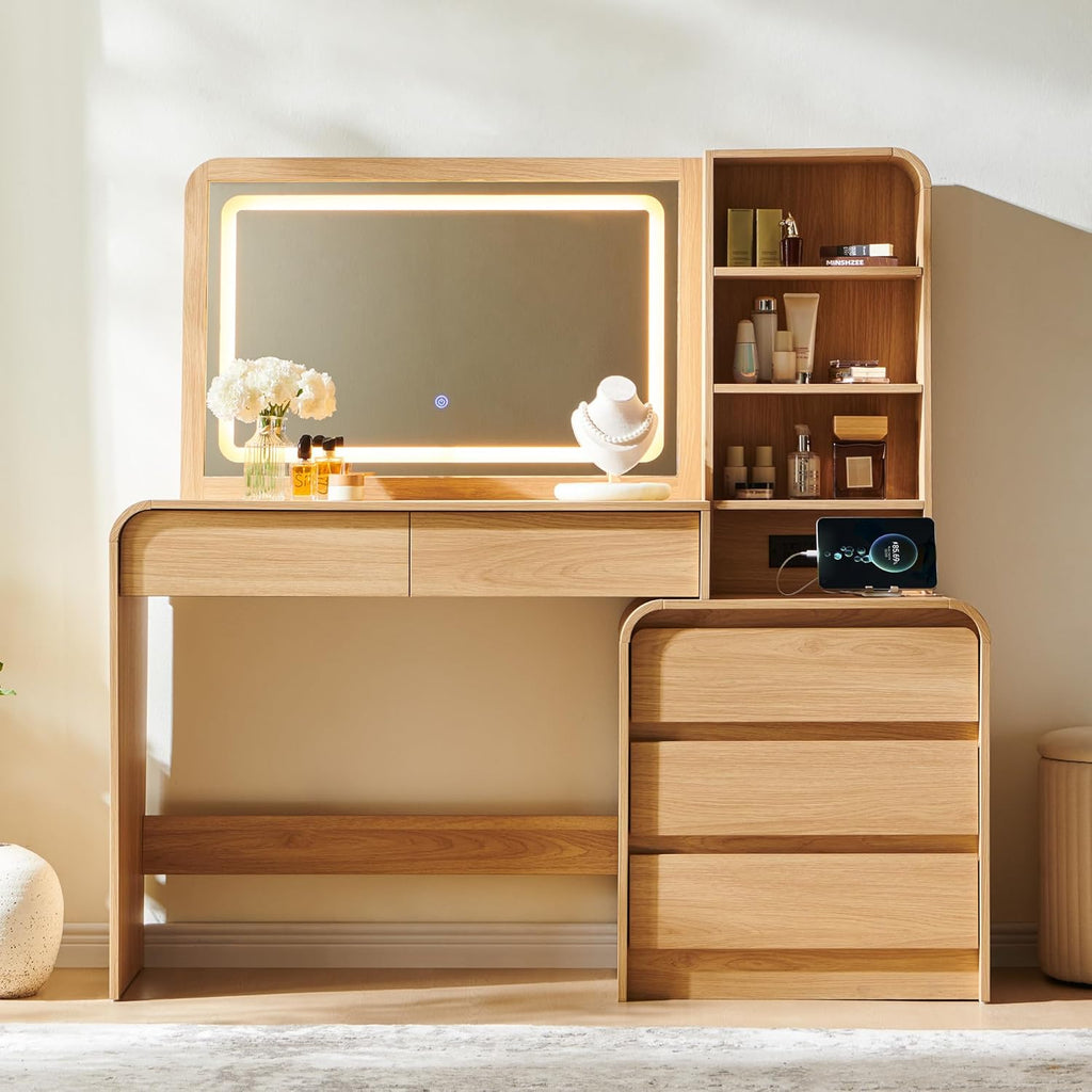Vanity Desk with Mirror and Lights, 50" Modren Makeup Vanity with 35.43" Mirror and 5 Drawers, Makeup Table with