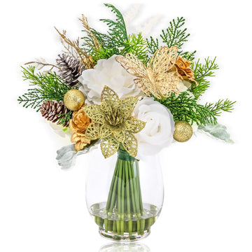Artificial Flowers in Vase with Fake Water, Gold White & Green
