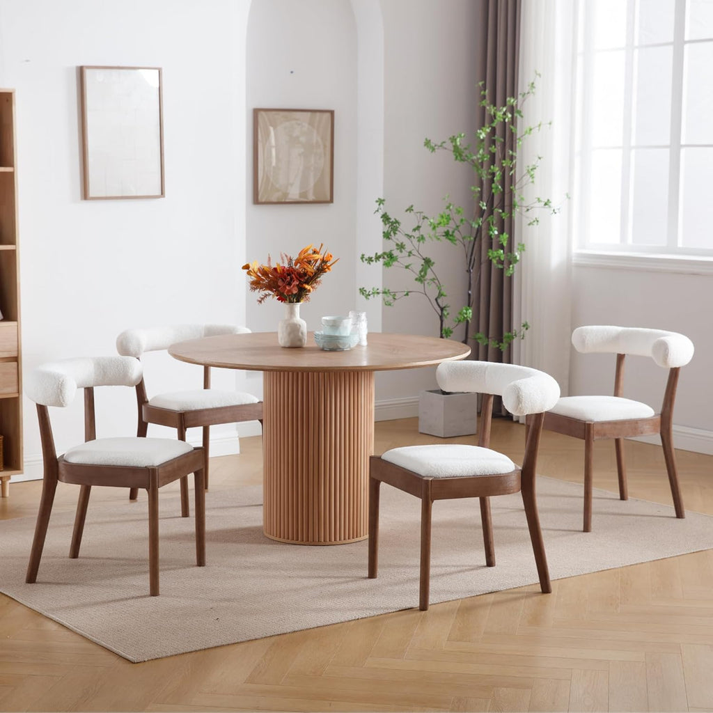 Dining Room Chairs Mid-Century Modern Sherpa Kitchen Chairs with Natural Walnut Finished Frame, Fur Curved Back