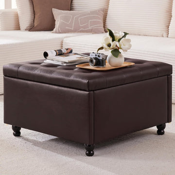 30" Large Square Ottoman with Storage, Leather Ottoman Coffee Table, Brown | Tufted Upholstered Ottoman , Oversized