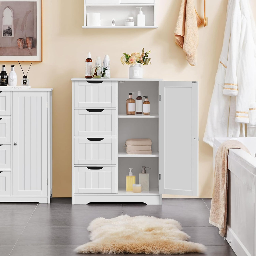 Bathroom Storage Cabinet with 4 Beadboard Drawers and Door, White | Floor Cabinet Hides Towels and Toiletries in